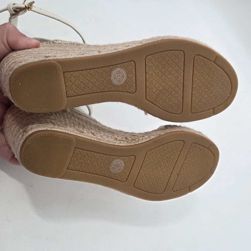 Tory Burch SZ 9 Laurel Wedge Espadrille Sandals Leather Beige White - Picture 5 of 7